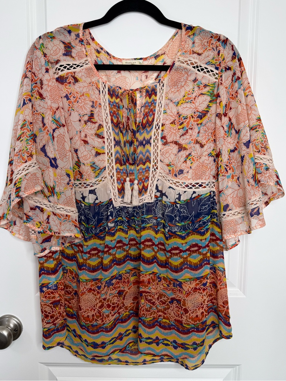 Meadow Rue Anthropology Prairie Floral Boho Sheer Top Crochet Lace  Large